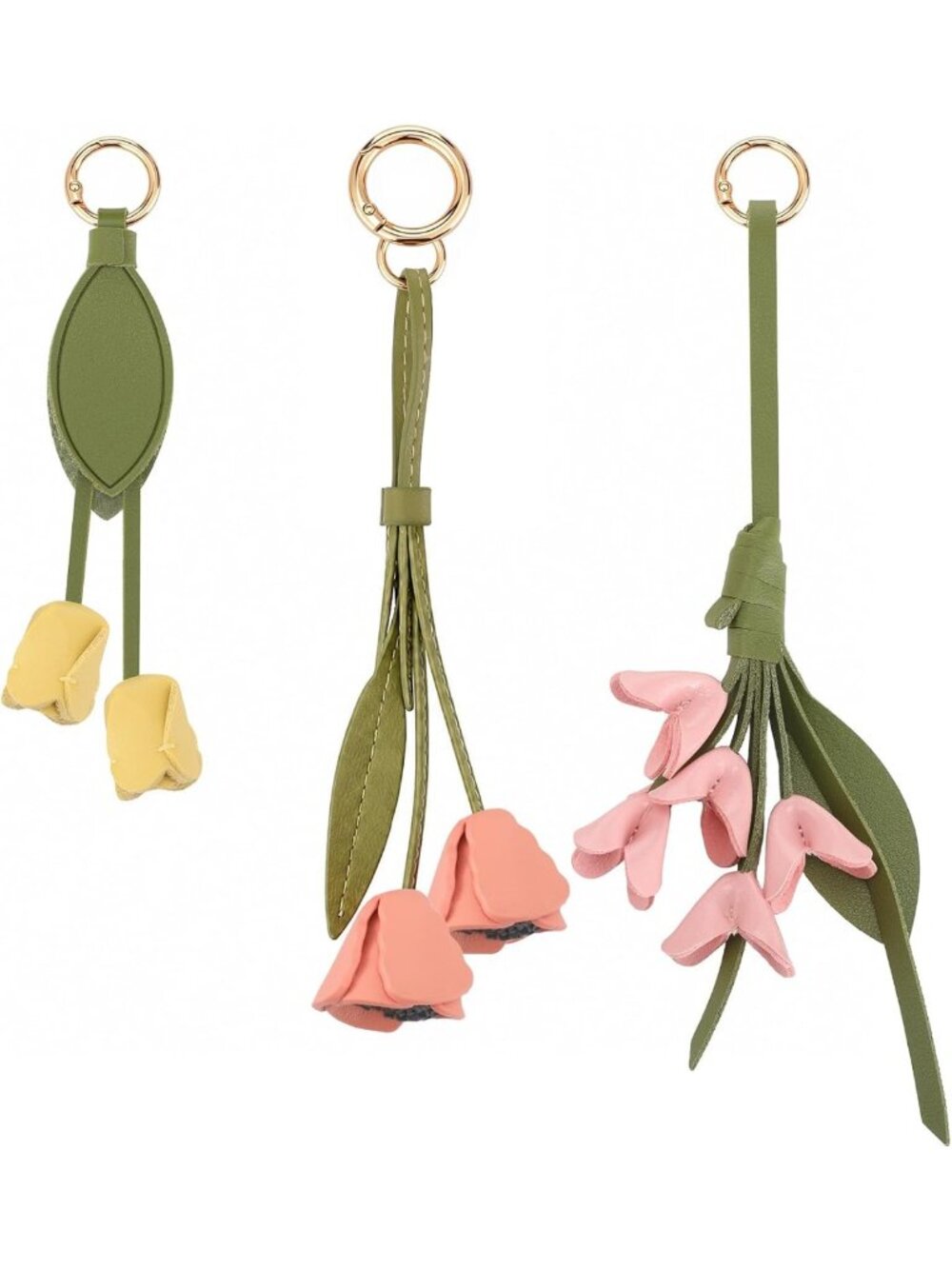 Floral Leather Bag Charms - 3 Pack PU Keychains for Women’s Purses & Handbags
